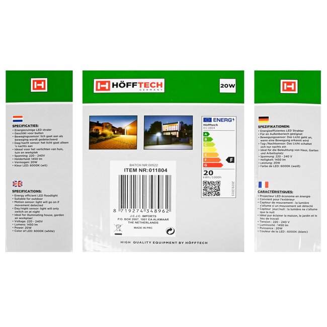 Hofftech Energiezuinige LED bouwlamp - 20W - met sensor - IP65 - 1400 lumen - 6000K
