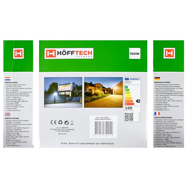 Hofftech Energiezuinige LED bouwlamp - 100W - met sensor - IP65 - 7000 lumen - 6000K