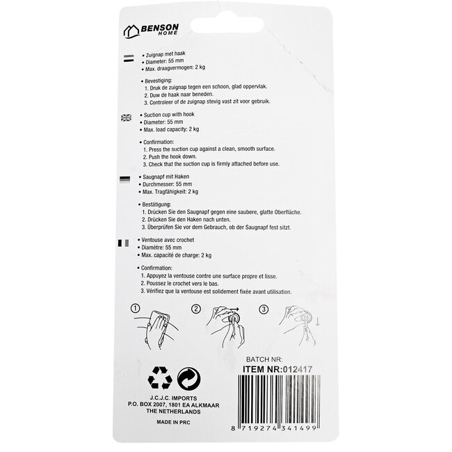 Benson Zuignap met haak - kunststof - wit - Ø 55 mm - set van 2