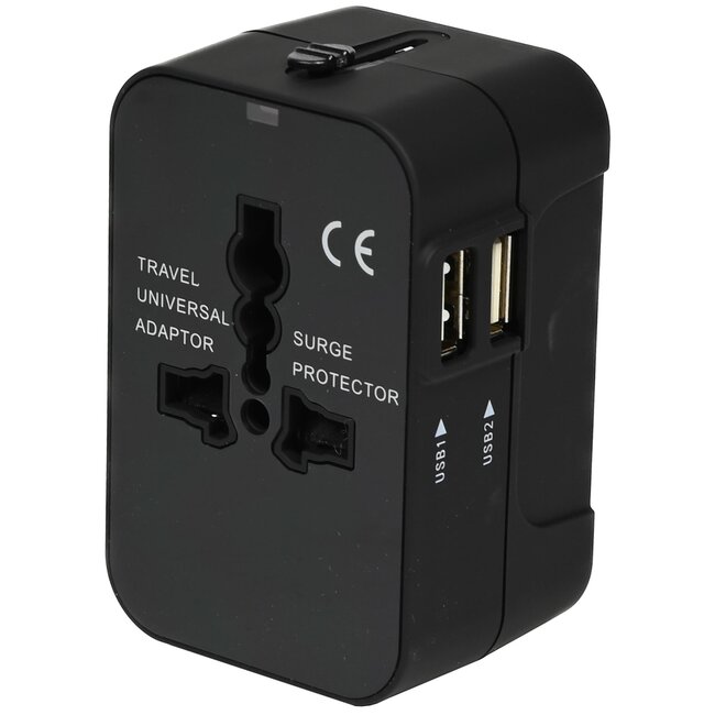 Benson Internationale reisadapter - 2 USB-poorten - 1 stekkeraansluiting - zwart - geschikt voor 150 landen