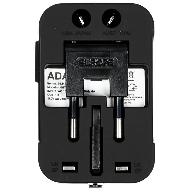Benson Internationale reisadapter - 2 USB-poorten - 1 stekkeraansluiting - zwart - geschikt voor 150 landen