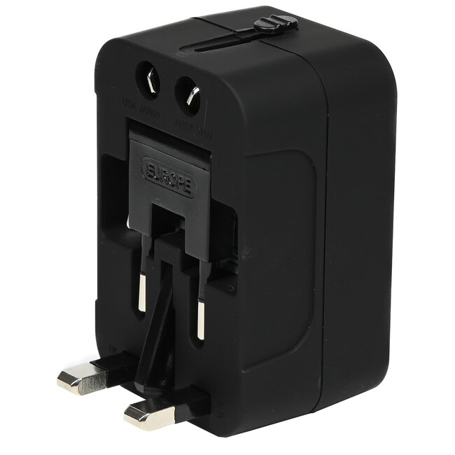 Benson Internationale reisadapter - 2 USB-poorten - 1 stekkeraansluiting - zwart - geschikt voor 150 landen