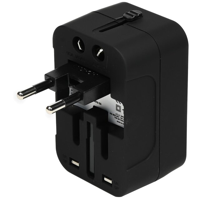 Benson Internationale reisadapter - 2 USB-poorten - 1 stekkeraansluiting - zwart - geschikt voor 150 landen