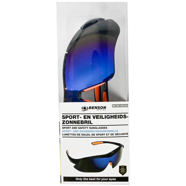 Hofftech Sport- en veiligheidszonnebril - krasbestendig - 100% UV-bescherming - blauw/zwart/oranje