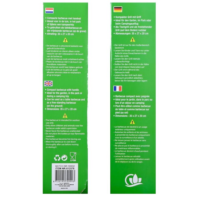 Benson Compacte barbecue met handvat - draagbaar - 35 x 27 x 20 cm - zwart