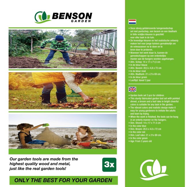 Benson Tuin Gereedschap Kinderset - Hark, Schep, Bezem - Kleurrijk en Educatief - Vanaf 3 jaar