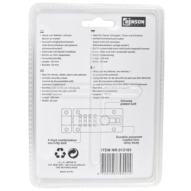 Benson Deurschuif met cijferslot - 4-cijferig - corrosiebestendig - 120 x 50 mm