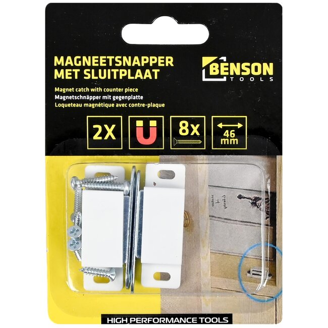 Benson Magneetsnapper met sluitplaat - 46 x 15 mm - 2 stuks - metaal/kunststof - 4 kg magneetkracht