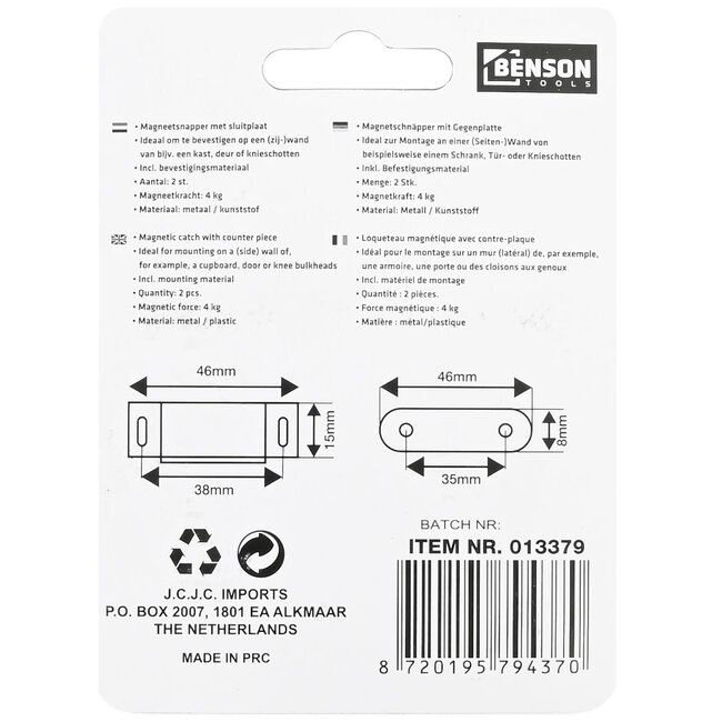 Benson Magneetsnapper met sluitplaat - 46 x 15 mm - 2 stuks - metaal/kunststof - 4 kg magneetkracht