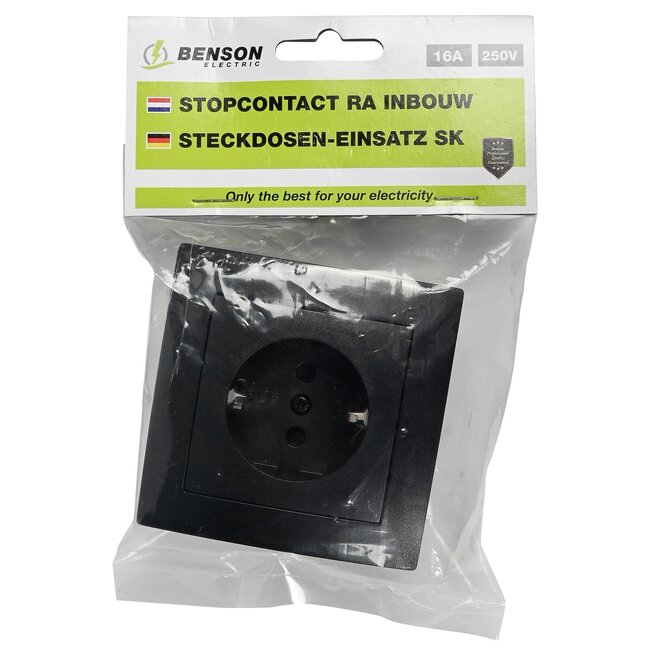 Benson Stijlvolle inbouw wandcontactdoos met randaarde - zwart - 81 x 81 x 40 mm