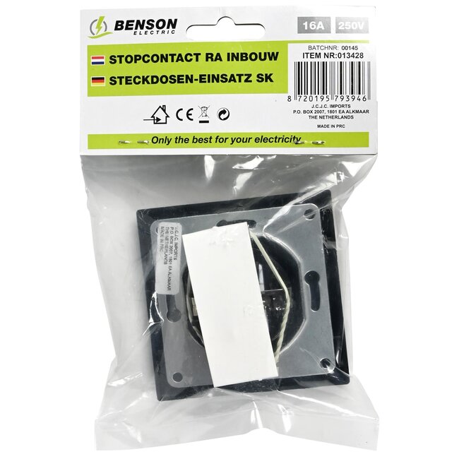 Benson Stijlvolle inbouw wandcontactdoos met randaarde - zwart - 81 x 81 x 40 mm