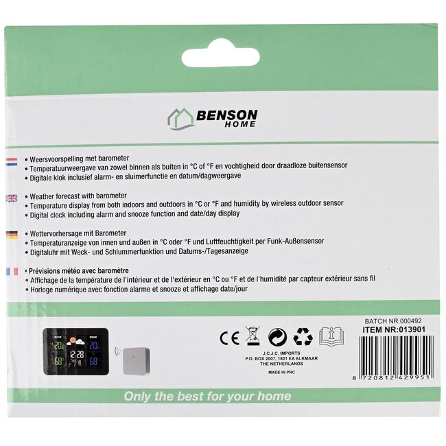 Benson Weerstation met barometer - thermometer - alarmklok - 16,5 x 12 cm - binnen en buiten