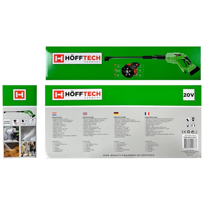 Hofftech Draadloze hogedrukreiniger - water aanzuigfunctie - 20V - 6 spuitstanden - 120 l/u - 3,15 kg