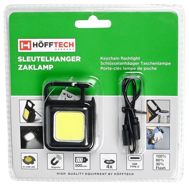 Hofftech Compacte oplaadbare sleutelhanger zaklamp - 230 lumen - met flesopener en USB-opladen