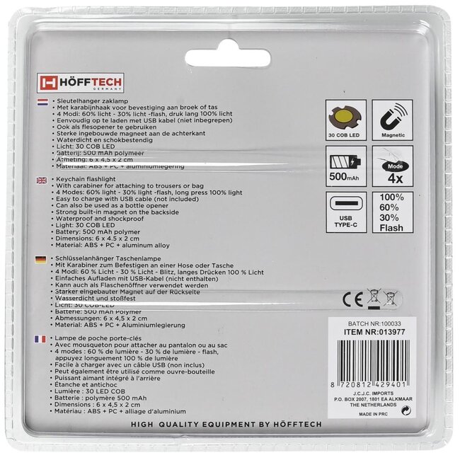 Hofftech Compacte oplaadbare sleutelhanger zaklamp - 230 lumen - met flesopener en USB-opladen