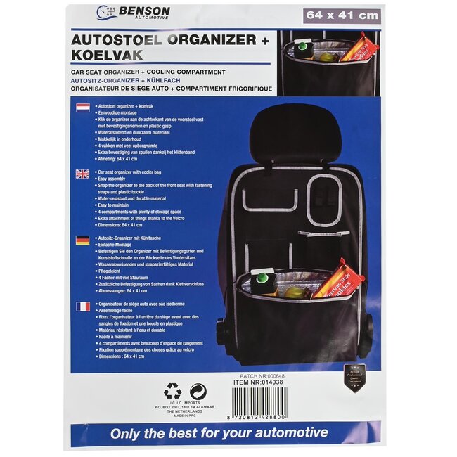Benson Autostoel organizer met koelvak - waterafstotend - 64 x 41 cm - 4 vakken