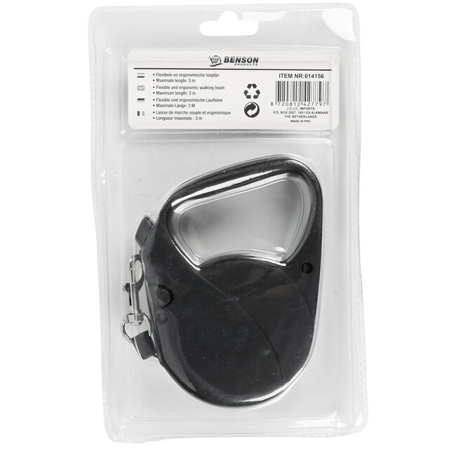 Benson Hondenriem rollijn - ergonomisch - flexibel - 3 meter - zwart