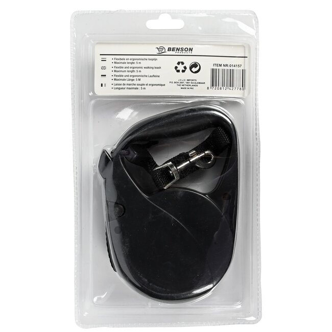 Benson Hondenriem rollijn - ergonomisch - flexibel - 5 meter - zwart