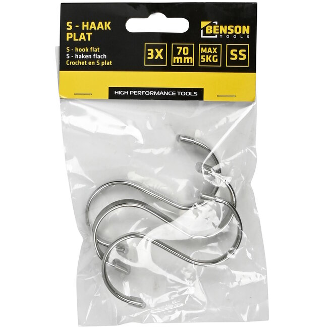 Benson Set platte S-haken - roestvrij staal - 70 mm - 3 stuks - stevig ontwerp