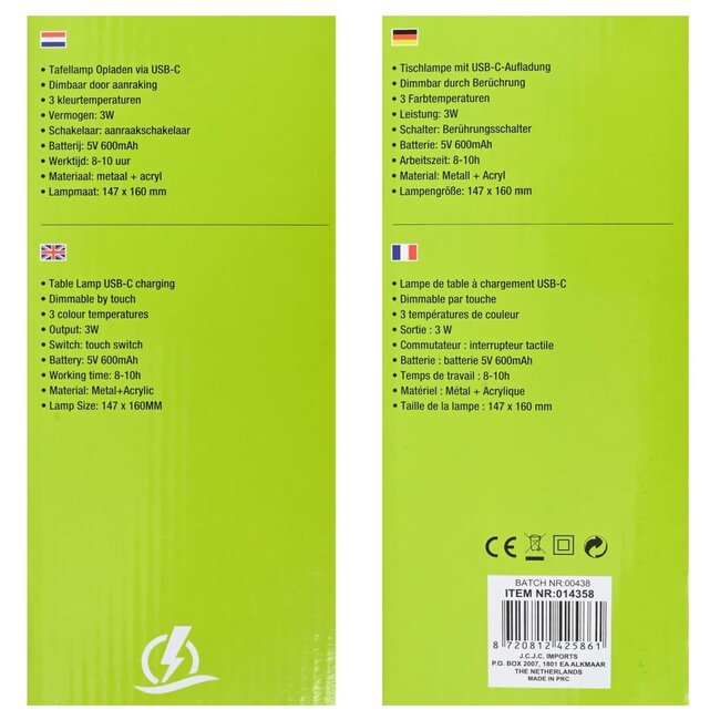 Benson Oplaadbare LED tafellamp - Dimbaar - 3 Kleurinstellingen - USB-aansluiting - Kleurenmix
