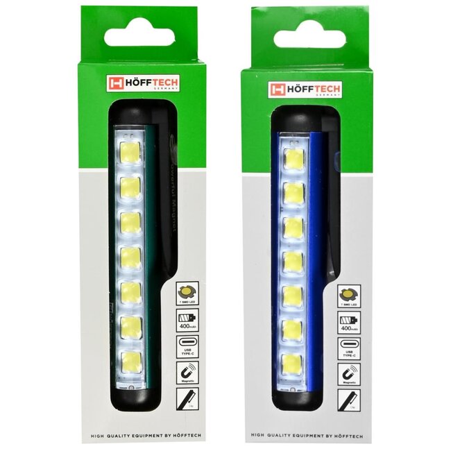 Hofftech Compacte oplaadbare zaklamp met magneetklip - 4 lichtstanden - blauw/groen