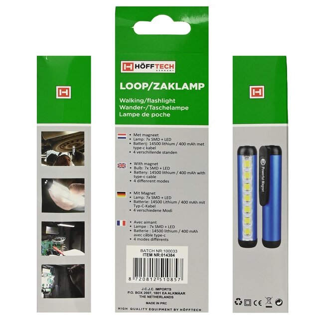 Hofftech Compacte oplaadbare zaklamp met magneetklip - 4 lichtstanden - blauw/groen