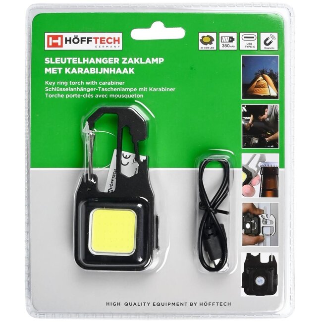 Hofftech Compacte sleutelhanger zaklamp - 380 lumen - oplaadbaar - met karabijnhaak - zwart