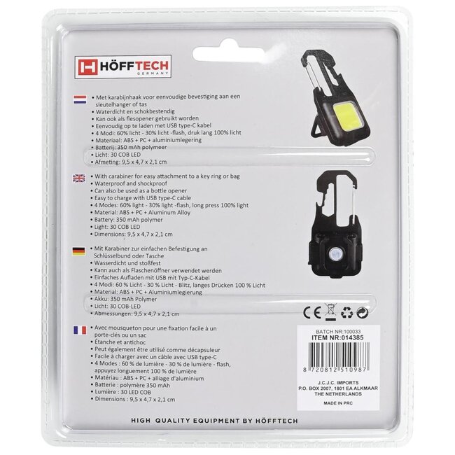 Hofftech Compacte sleutelhanger zaklamp - 380 lumen - oplaadbaar - met karabijnhaak - zwart