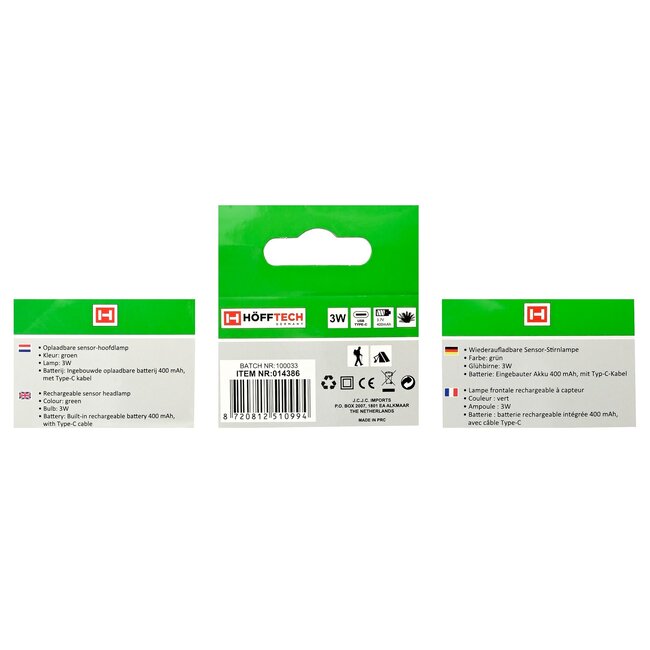 Hofftech Oplaadbare hoofdlamp - sensorfunctie - handsfree - groen