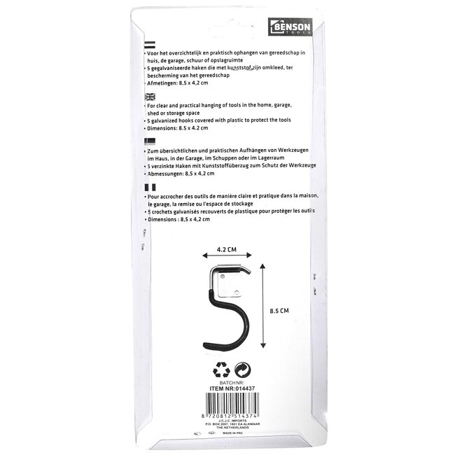 Benson Set ophanghaken - gegalvaniseerd met kunststof coating - 5 stuks - 8,5 x 4,2 cm