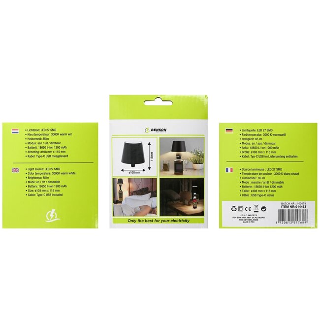 Benson Aanraakdimbare LED flessenlamp - USB oplaadbaar - Warm wit licht - Compact design