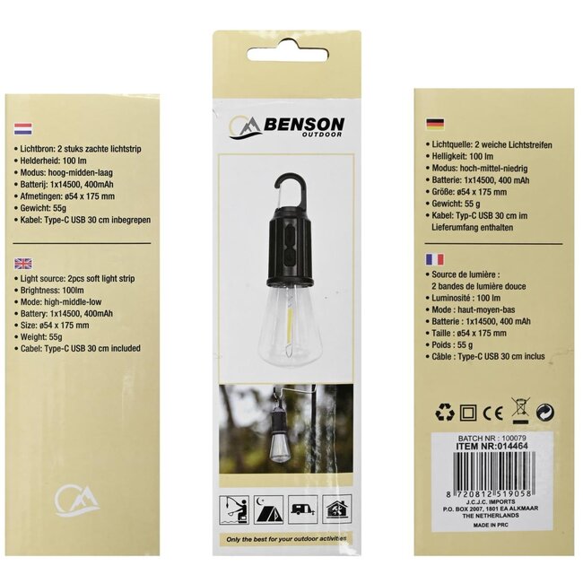 Benson Oplaadbare campinglamp met karabijnhaak - 100 lumen - LED - lichtgewicht - Type-C USB