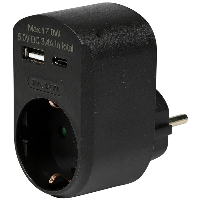 Benson Stopcontact met USB-A en USB-C - Zwart - Modern en Efficiënt - 16A - 5,0V DC - 3,4A