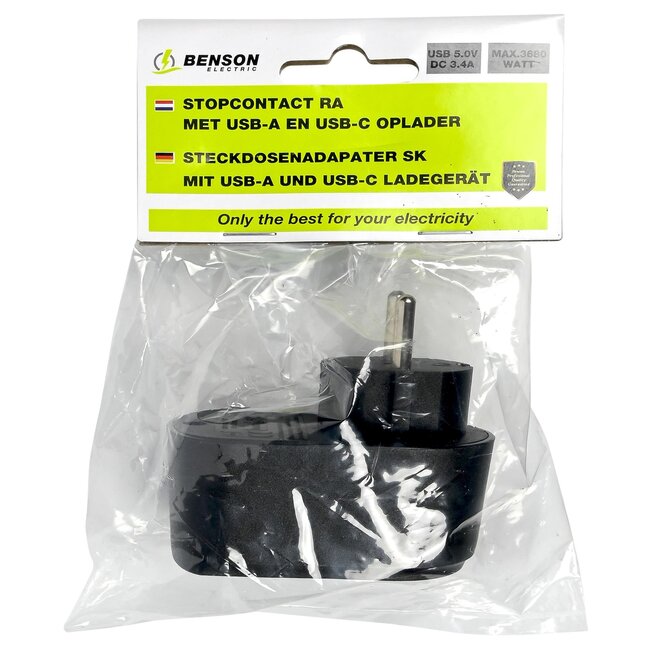 Benson Stopcontact met USB-A en USB-C - Zwart - Modern en Efficiënt - 16A - 5,0V DC - 3,4A