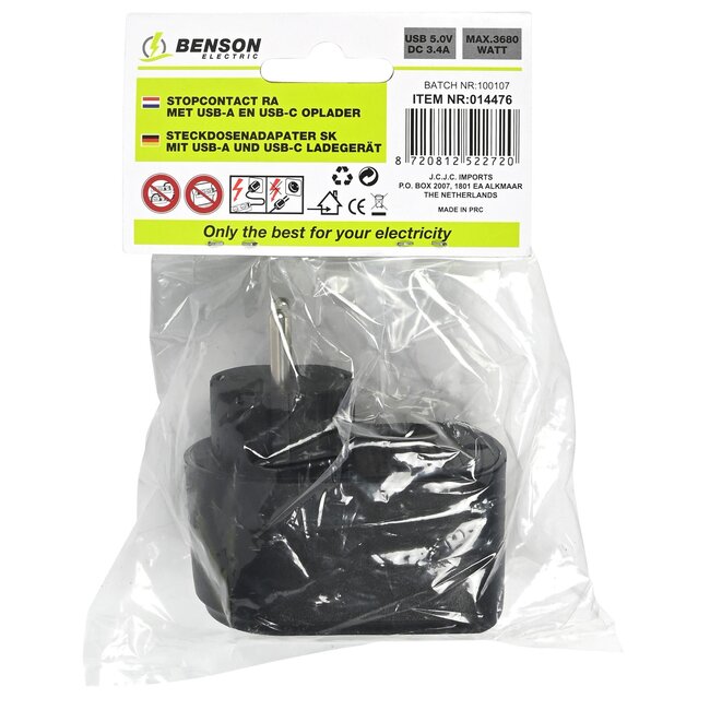 Benson Stopcontact met USB-A en USB-C - Zwart - Modern en Efficiënt - 16A - 5,0V DC - 3,4A