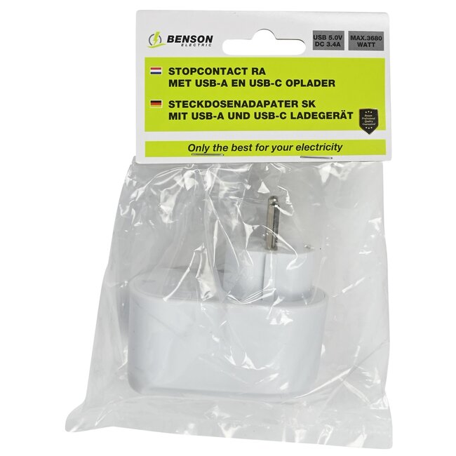 Benson Stopcontact met USB-A en USB-C - Snel opladen - Wit - 16A