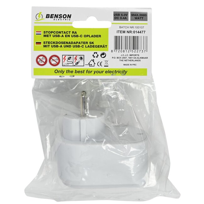 Benson Stopcontact met USB-A en USB-C - Snel opladen - Wit - 16A