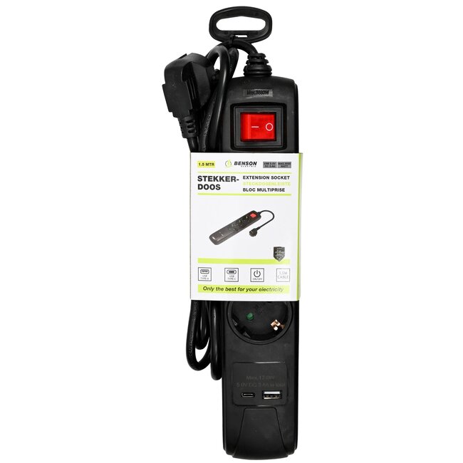 Benson 3-voudige stekkerdoos met USB-A en USB-C poorten - 1,5m zwart - met schakelaar