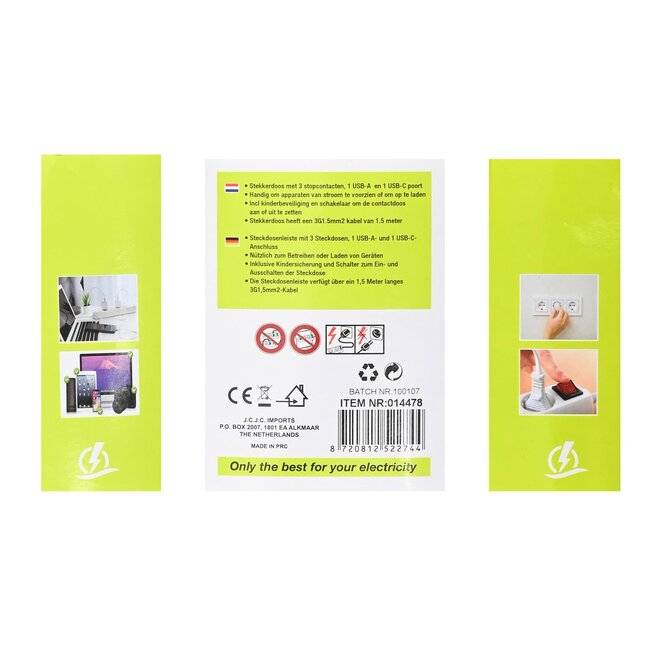 Benson 3-voudige stekkerdoos met USB-A en USB-C poorten - 1,5m zwart - met schakelaar