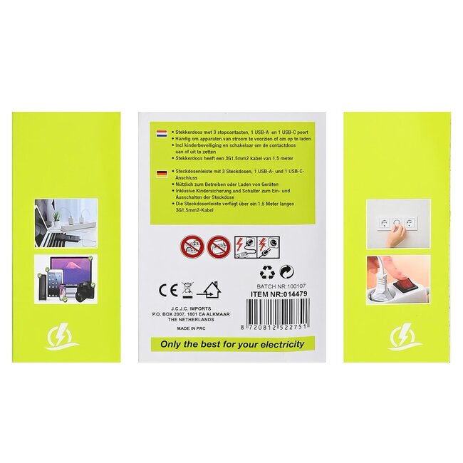 Benson 3-voudige stekkerdoos met USB-A en USB-C - schakelaar - 1,5m - wit