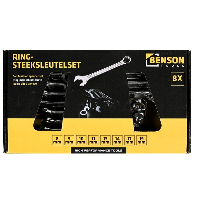 Benson 8-delige ring-steeksleutelset - 8 t/m 19 mm - stevige grip - handige houder