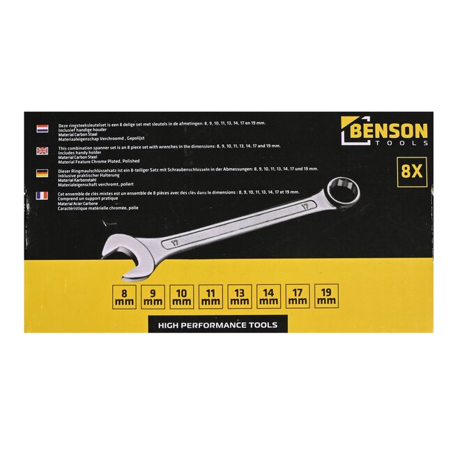 Benson 8-delige ring-steeksleutelset - 8 t/m 19 mm - stevige grip - handige houder