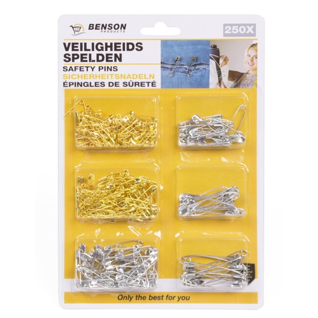 Benson Veiligheidsspelden - 6 maten - 250 stuks - Hoogwaardig materiaal - Stevig ontwerp