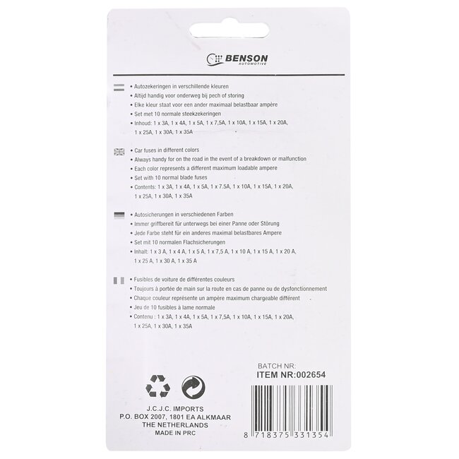 Benson Set auto steekzekeringen - 10 verschillende zwaartes - standaard - 10-delig