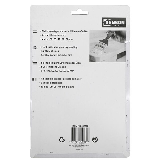 Benson Verfkwast set plat - 5 maten - blisterverpakking - ideaal voor 2 componenten producten