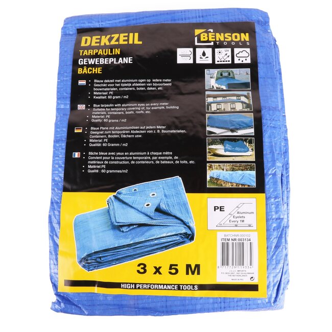 Benson Lichtgewicht waterdicht afdekzeil - 3 x 5 meter - blauw - versterkte zomen - stevige ringen