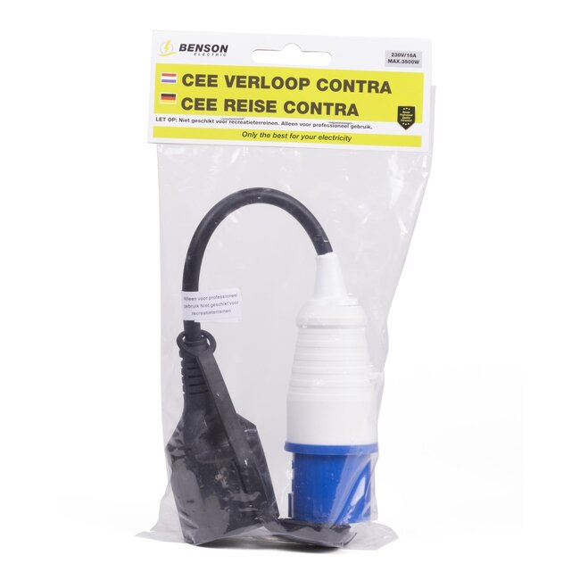 Benson Camping Adapter CEE 16A Mannetje naar Schuko Contrastekker – Spatwaterdicht IP44