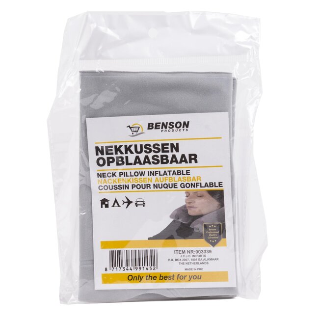 Benson Opblaasbaar nekkussen - Universeel - Grijs - Inclusief opberghoesje - 34 × 23 cm