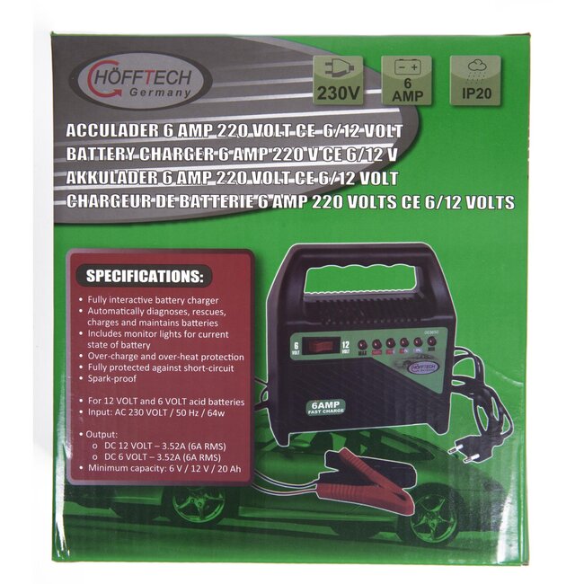 Hofftech Acculader - 6V & 12V - 2, 4 & 6 Ampère - Veilig & Snel Opladen - CE Goedgekeurd