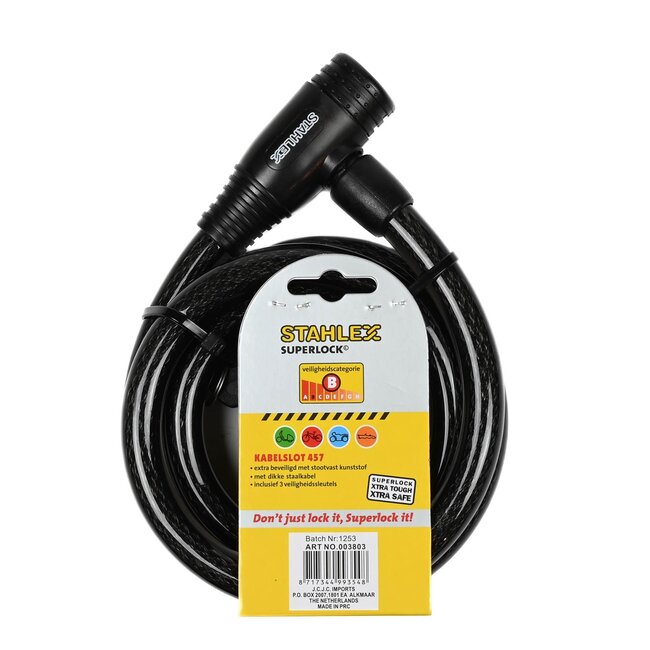 Stahlex Kabelslot - spatwaterdicht - solide staal - 1400 mm - zwart - 3 sleutels